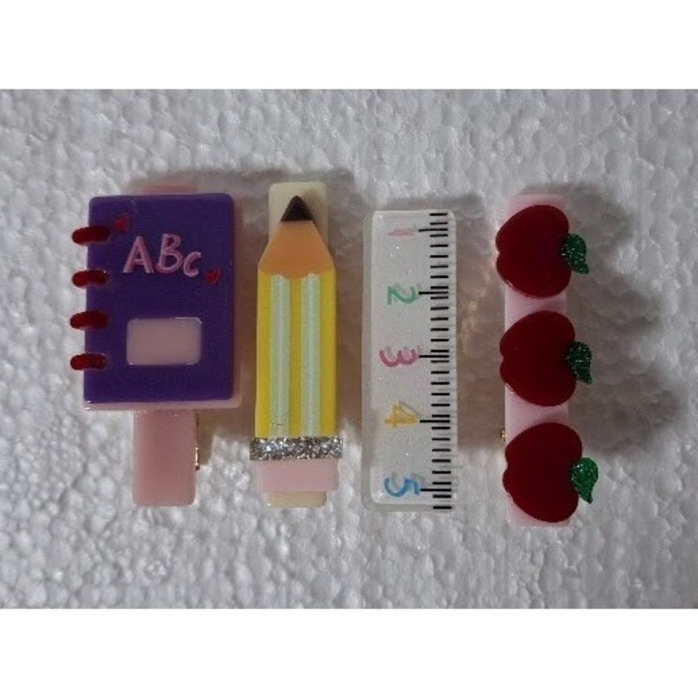 Back to School Hair Clip Set Teacher Aesthetic Pencil Ruler Apple Notebook 4pc